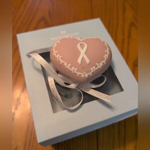 Wedgwood Pink Heart with White Ribbon. Cancer Support Ornament.